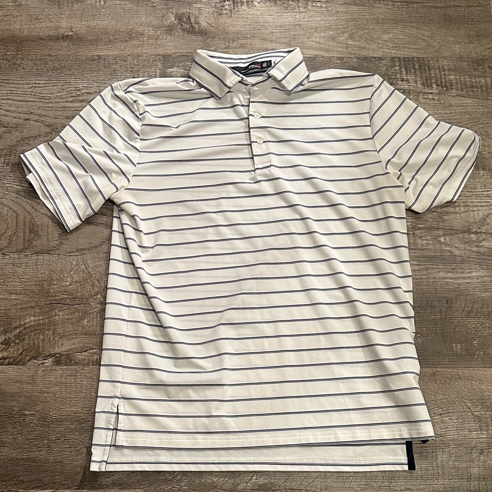 RLX Ralph Lauren Men's‎ Medium Polo - White with Blue, Pink & Black Stripe